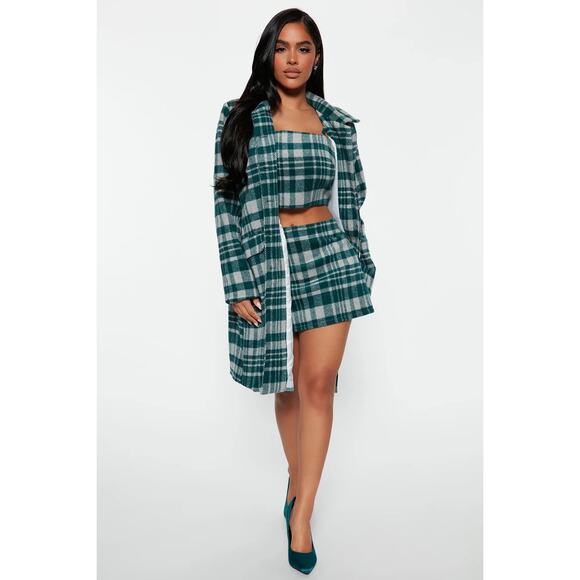NWT Green Plaid 3-Piece Set Top Skirt Long Coat Small Holiday Academia Winter - Picture 2 of 16